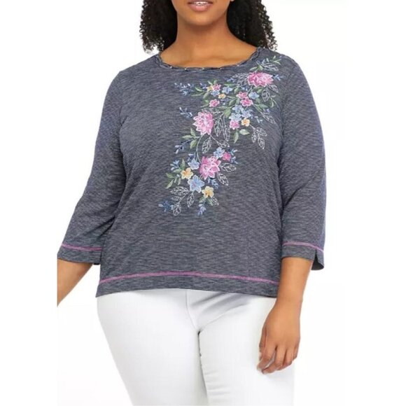 Alfred Dunner Women's Embroidered Flowers Mini Stripe Knit Top - 3X - Picture 1 of 7